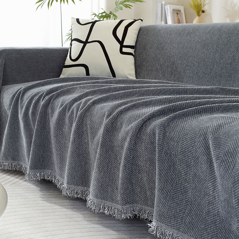 Cozy Chenille Blanket with Herringbone Tassels — Couch Cover