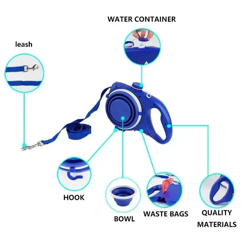 4-in-1 Retractable Dog Leash | Built-in Water Bottle, Food Bowl & Poop Bag Holder