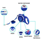 4-in-1 Retractable Dog Leash | Built-in Water Bottle, Food Bowl & Poop Bag Holder