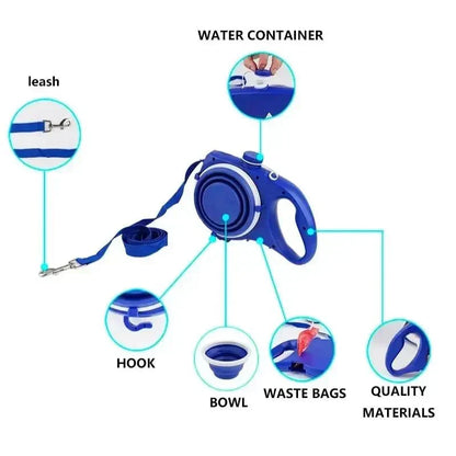 4-in-1 Retractable Dog Leash | Built-in Water Bottle, Food Bowl & Poop Bag Holder