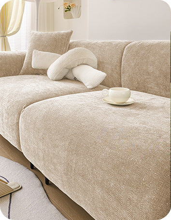 Beige herringbone chenille full coverage sofa cover