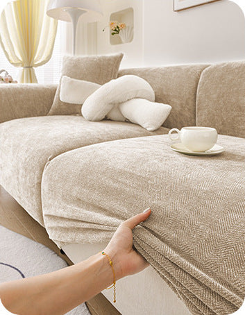 Beige herringbone chenille full coverage sofa cover