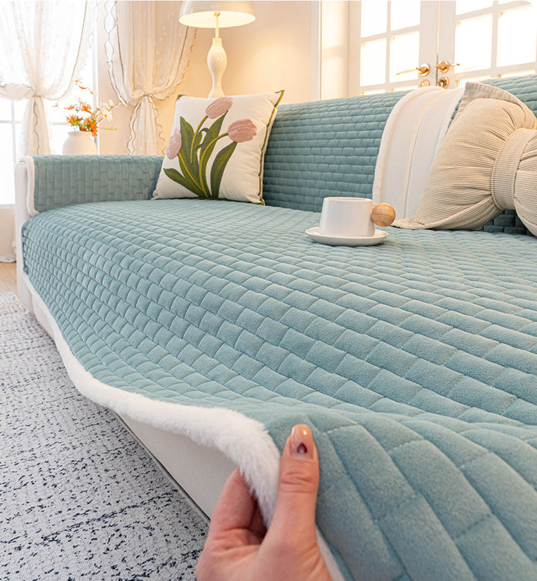 Plush edge of the blue sofa cover