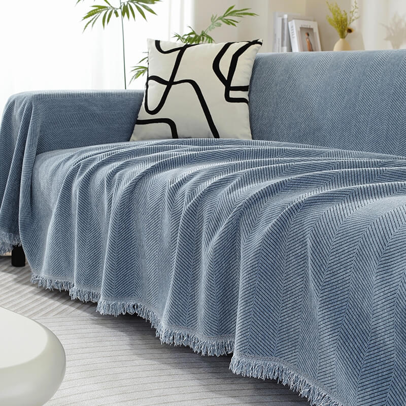 Cozy Chenille Blanket with Herringbone Tassels — Couch Cover
