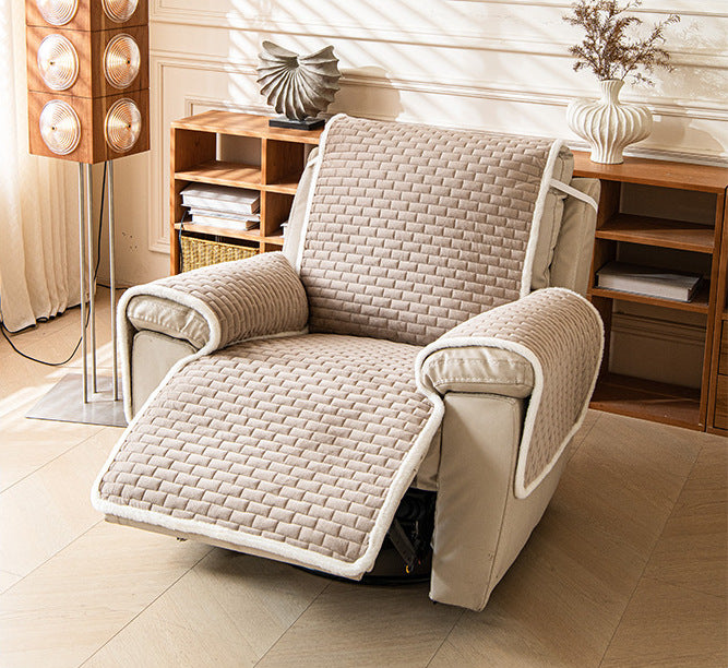 Khaki plush recliner cover on a reclined chair
