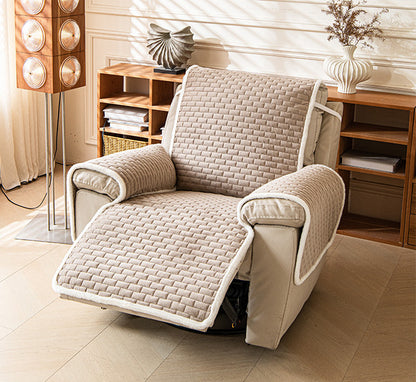 Khaki plush recliner cover on a reclined chair
