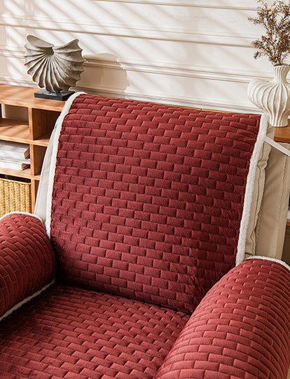Wine red plush recliner cover close up