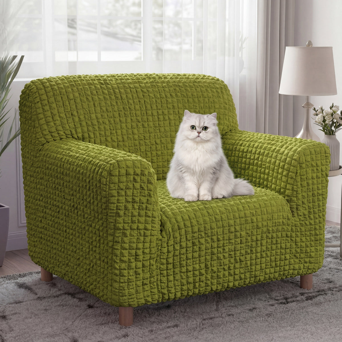Cream-Style Seersucker Armchair Cover - Breathable, Stretchy, Full-Coverage Magic-Fit