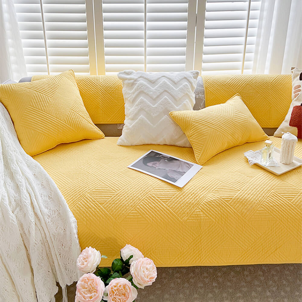 All-Season Minimalist Solid Cotton Geometric Quilted Couch Cover with Anti-Slip Backing