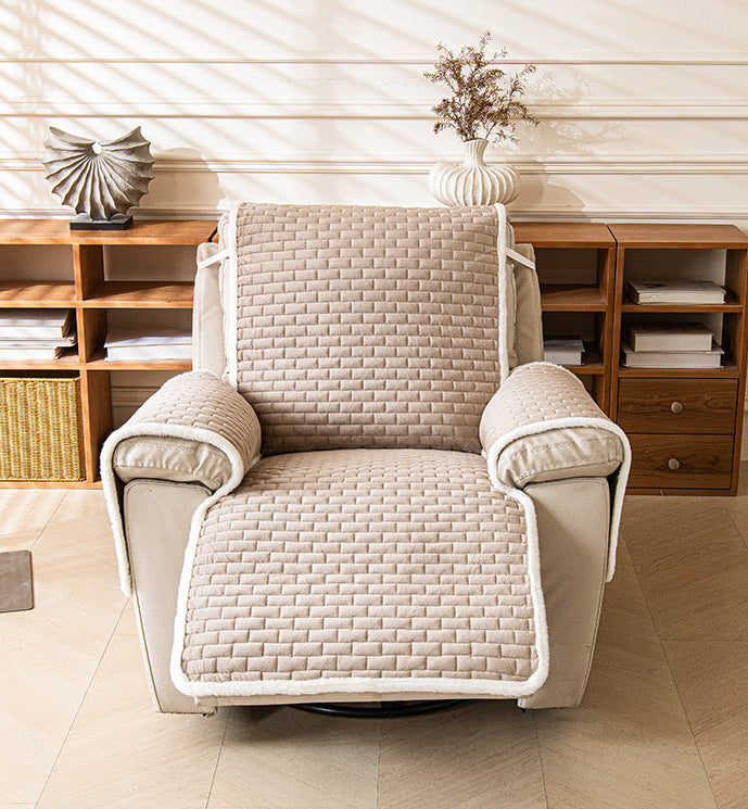 Recliner cover front view with fluffy trim edge
