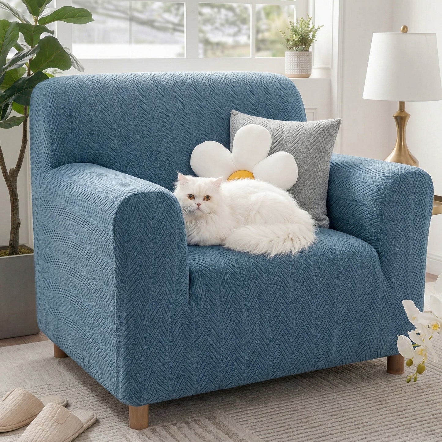 Luxurious Cream Herringbone Stretch Armchair Cover – Elegant Aesthetic, Magic-Fit