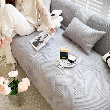 All-Season Minimalist Solid Cotton Geometric Quilted Couch Cover with Anti-Slip Backing