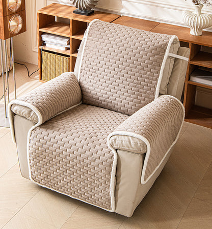 Khaki plush recliner chair cover in a living room