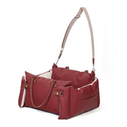 Bordeaux red faux leather portable dog car seat bed with leather handles and shoulder strap