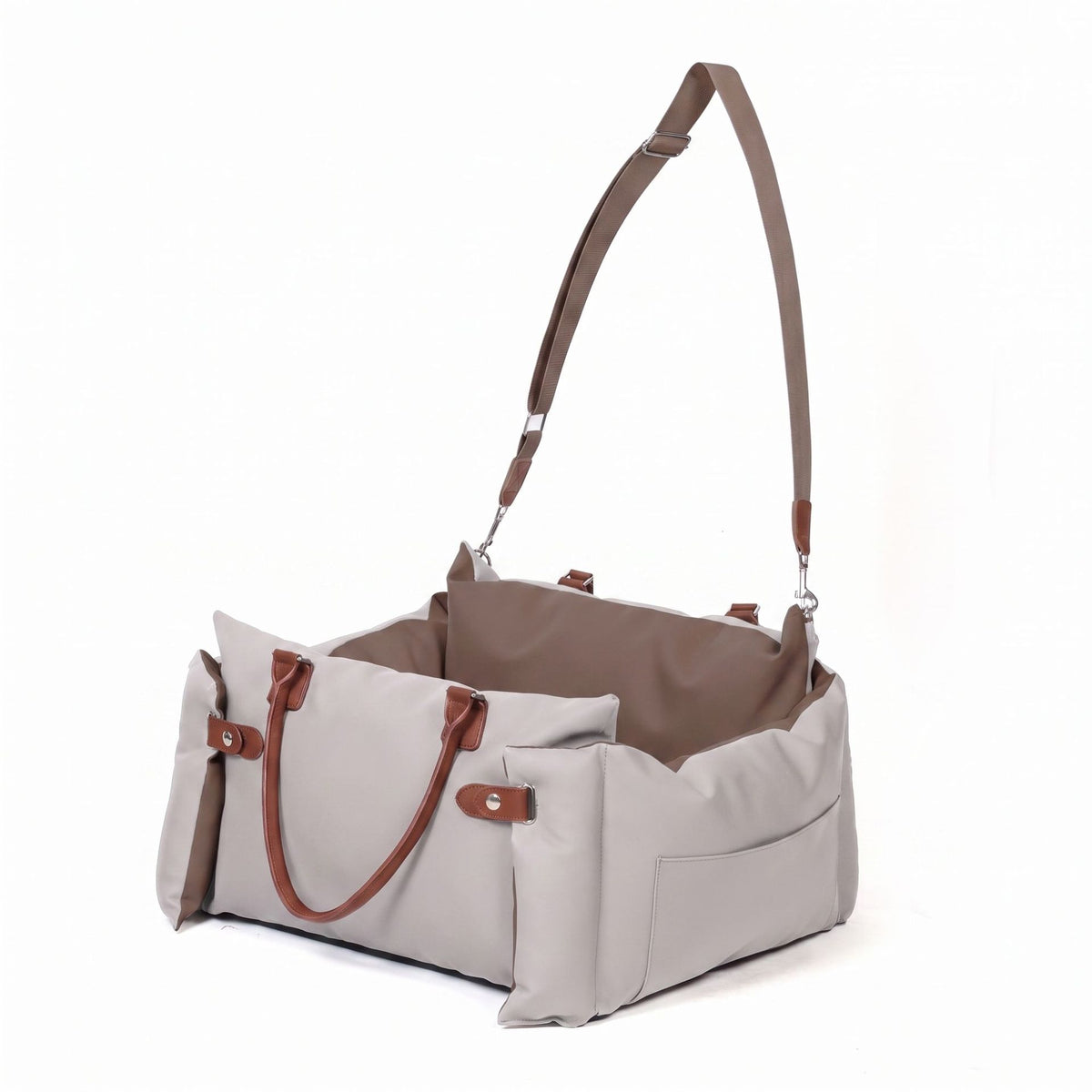 Cream white faux leather portable dog car seat bed with leather handles and shoulder strap
