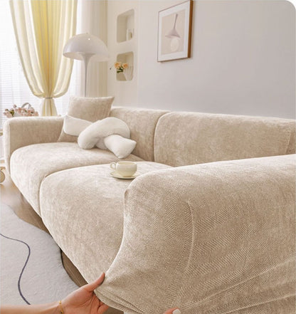 Beige herringbone chenille full coverage sofa cover