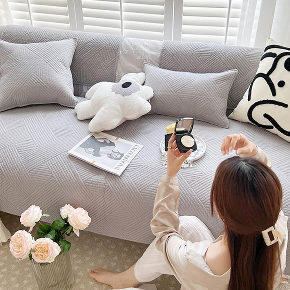 All-Season Minimalist Solid Cotton Geometric Quilted Couch Cover with Anti-Slip Backing