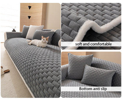 Grey quilted sofa cover with non-slip backing