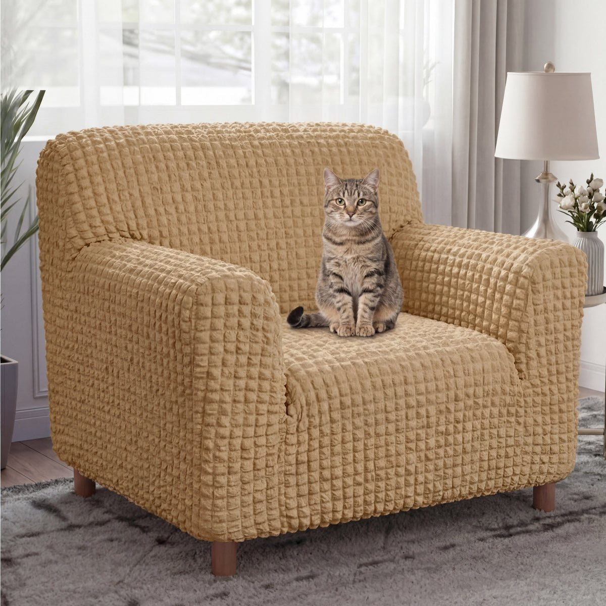 Cream-Style Seersucker Armchair Cover - Breathable, Stretchy, Full-Coverage Magic-Fit
