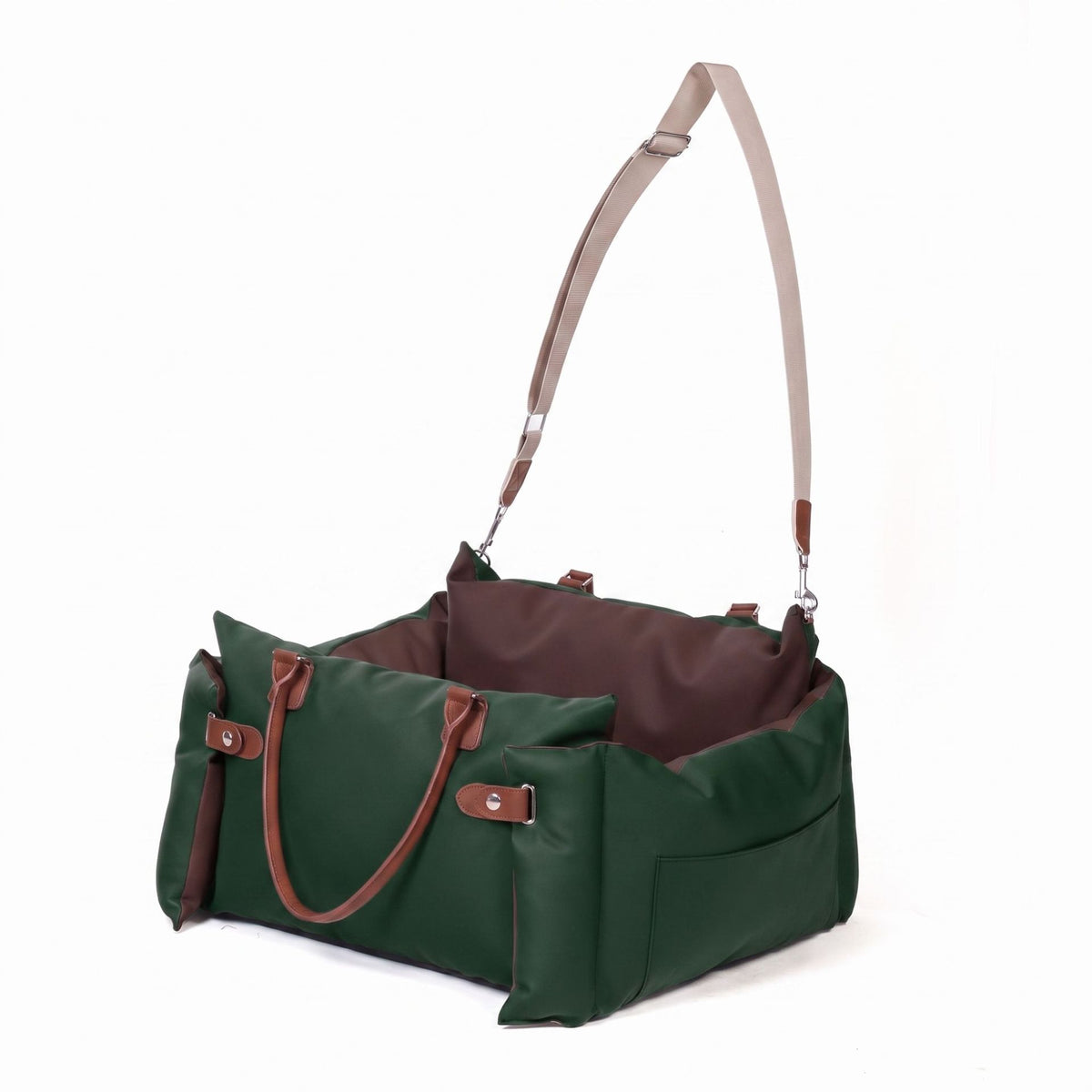 Green faux leather portable dog car seat bed with leather handles and shoulder strap