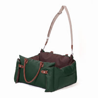Green faux leather portable dog car seat bed with leather handles and shoulder strap