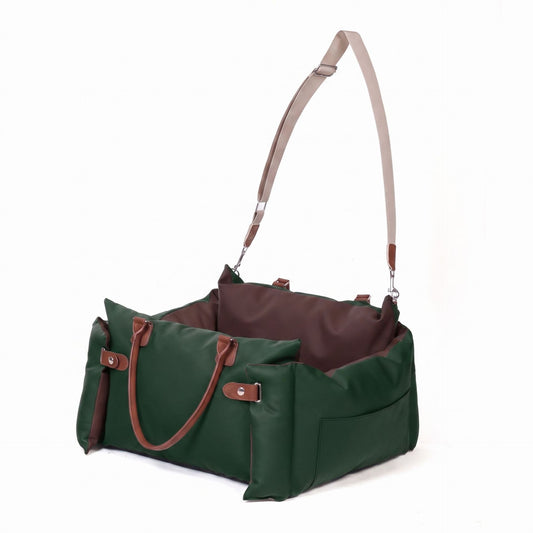 Green faux leather portable dog car seat bed with leather handles and shoulder strap