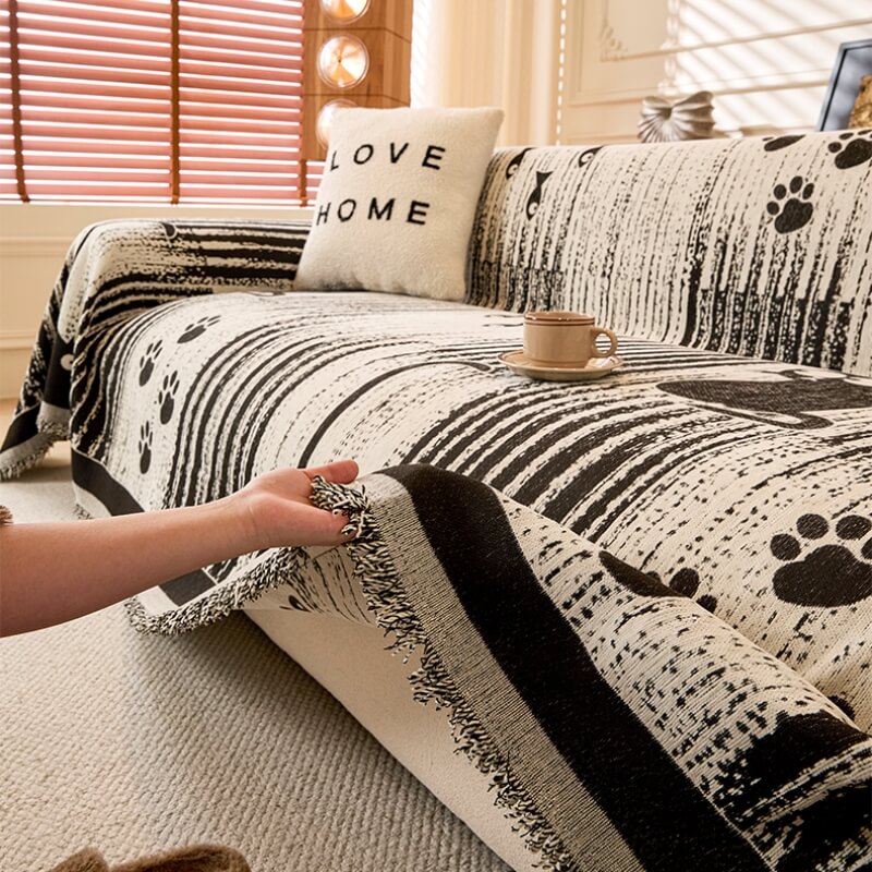 Chenille Cartoon Paw Print Couch Cover - Soft Anti-Scratch Throw Protector for Sofa