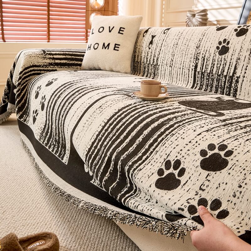 Chenille Cartoon Paw Print Couch Cover - Soft Anti-Scratch Throw Protector for Sofa