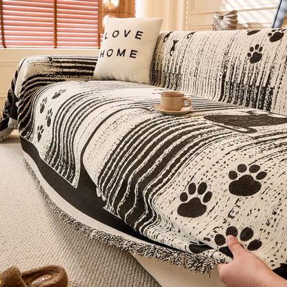 Chenille Cartoon Paw Print Couch Cover - Soft Anti-Scratch Throw Protector for Sofa