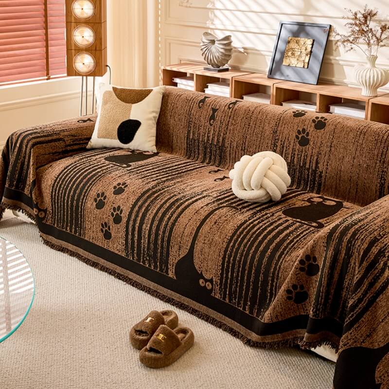 Chenille Cartoon Paw Print Couch Cover - Soft Anti-Scratch Throw Protector for Sofa