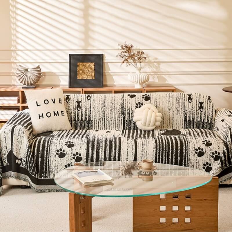 Chenille Cartoon Paw Print Couch Cover - Soft Anti-Scratch Throw Protector for Sofa