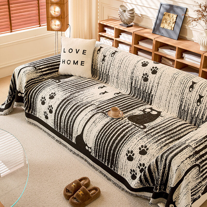 Chenille Cartoon Paw Print Couch Cover - Soft Anti-Scratch Throw Protector for Sofa
