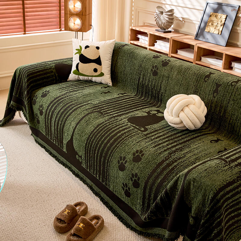 Chenille Cartoon Paw Print Couch Cover - Soft Anti-Scratch Throw Protector for Sofa