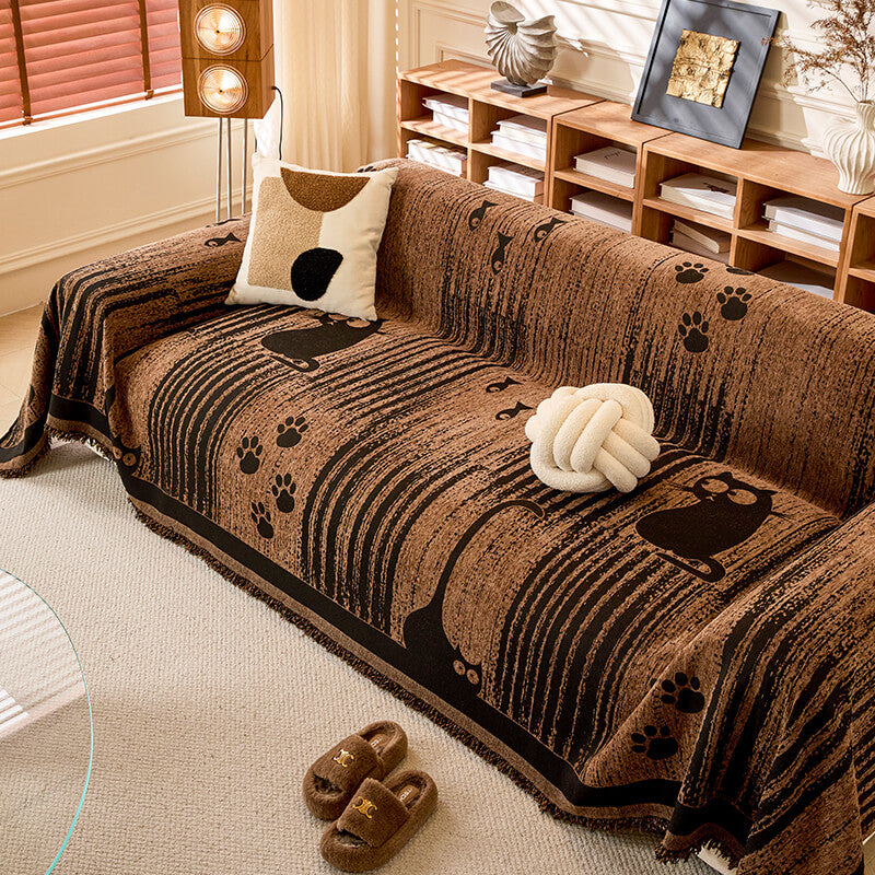 Chenille Cartoon Paw Print Couch Cover - Soft Anti-Scratch Throw Protector for Sofa
