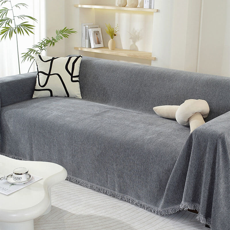Cozy Chenille Blanket with Herringbone Tassels — Couch Cover