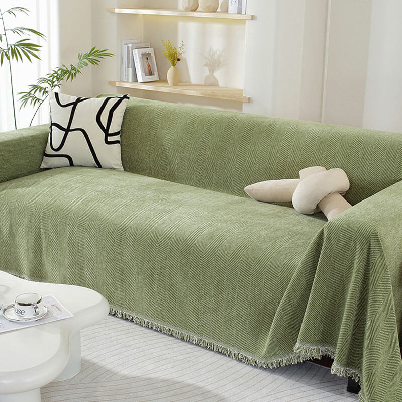Cozy Chenille Blanket with Herringbone Tassels — Couch Cover
