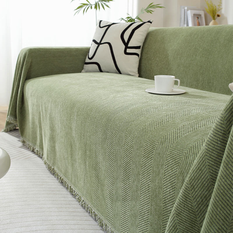 Cozy Chenille Blanket with Herringbone Tassels — Couch Cover