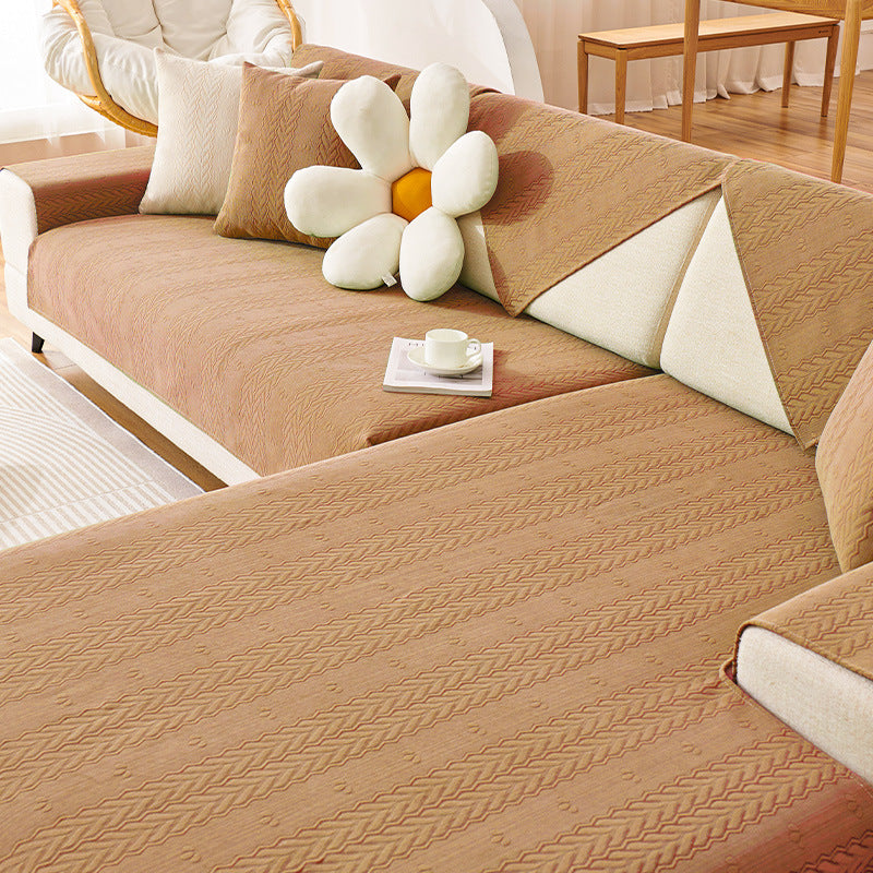 Breathable Chenille Couch Cover with Wheat Ear Print - Non-Slip