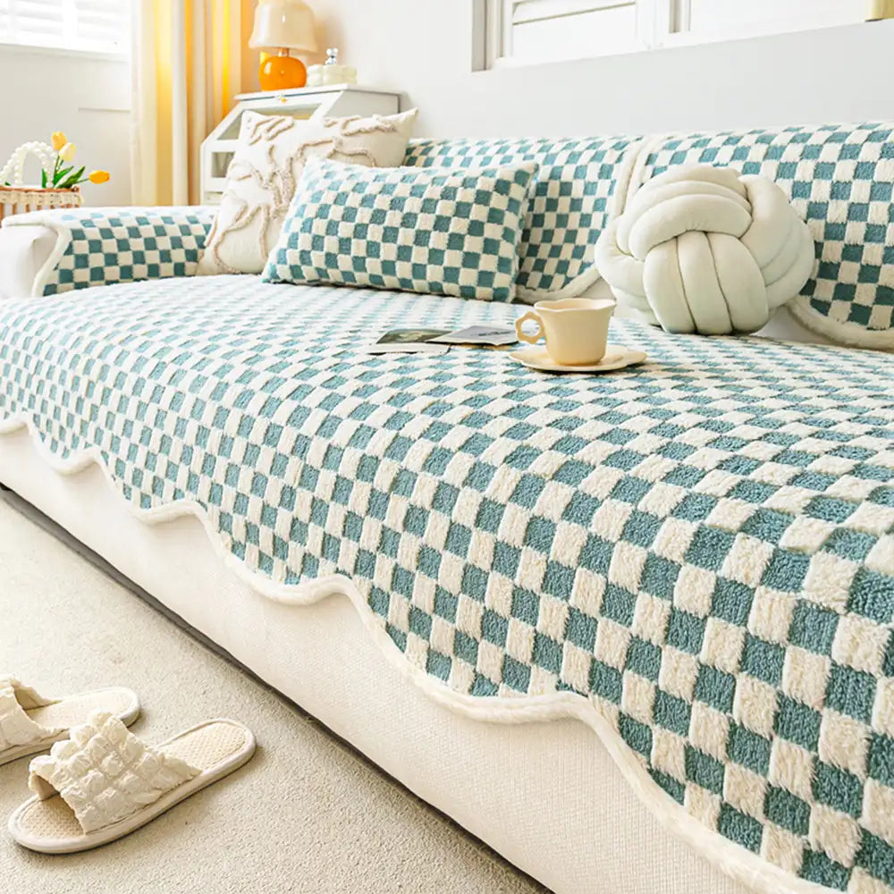 Classic Checkerboard Plush Couch Cover - Ultra-Soft, Scratch-Resistant & Non-Slip