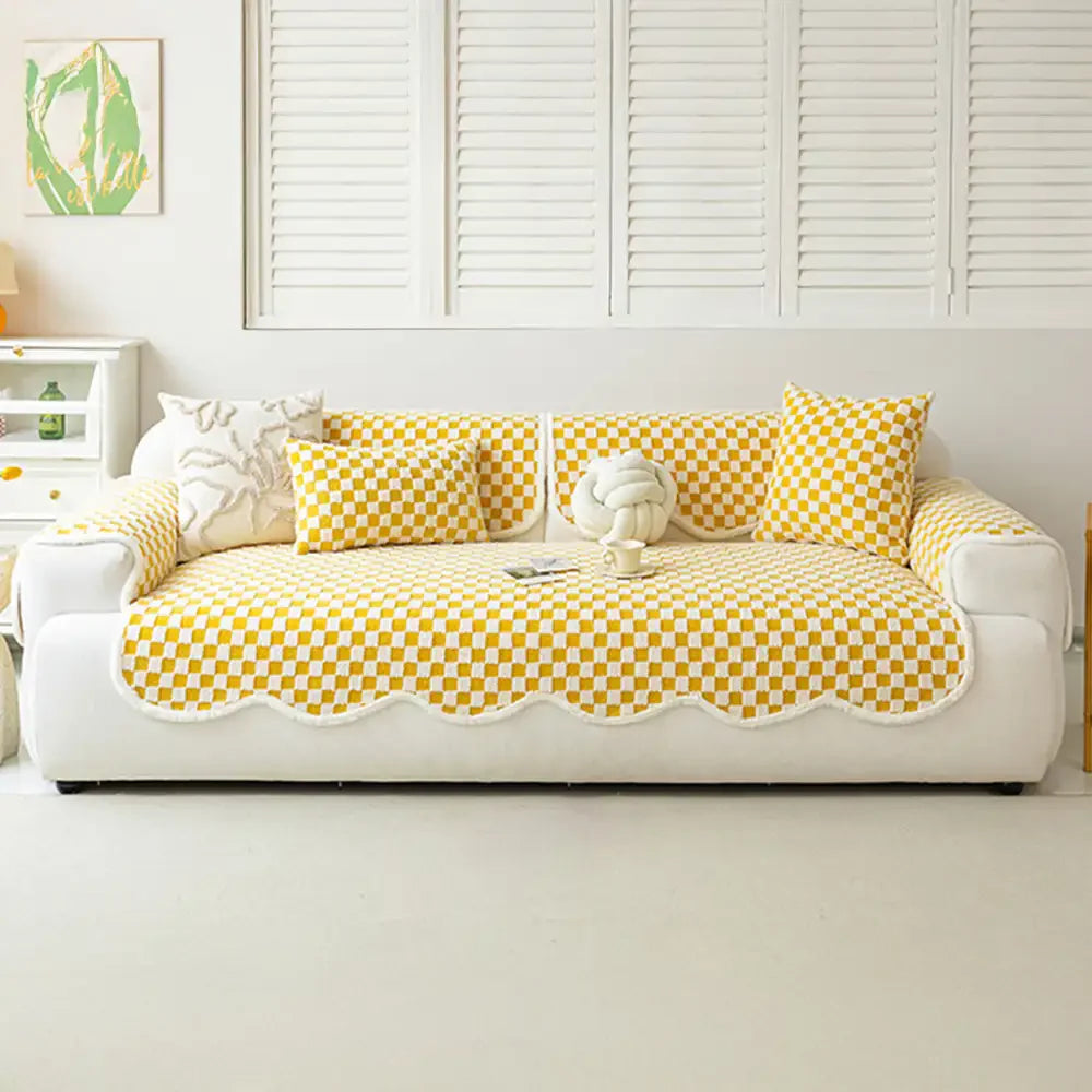Classic Checkerboard Plush Couch Cover - Ultra-Soft, Scratch-Resistant & Non-Slip