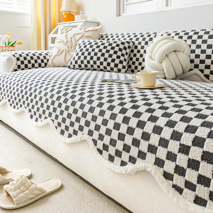 Classic Checkerboard Plush Couch Cover - Ultra-Soft, Scratch-Resistant & Non-Slip