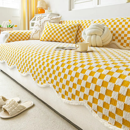 Classic Checkerboard Plush Couch Cover - Ultra-Soft, Scratch-Resistant & Non-Slip