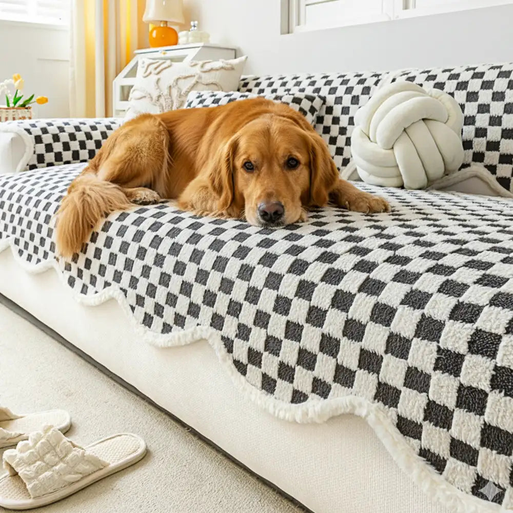 Classic Checkerboard Plush Couch Cover - Ultra-Soft, Scratch-Resistant & Non-Slip