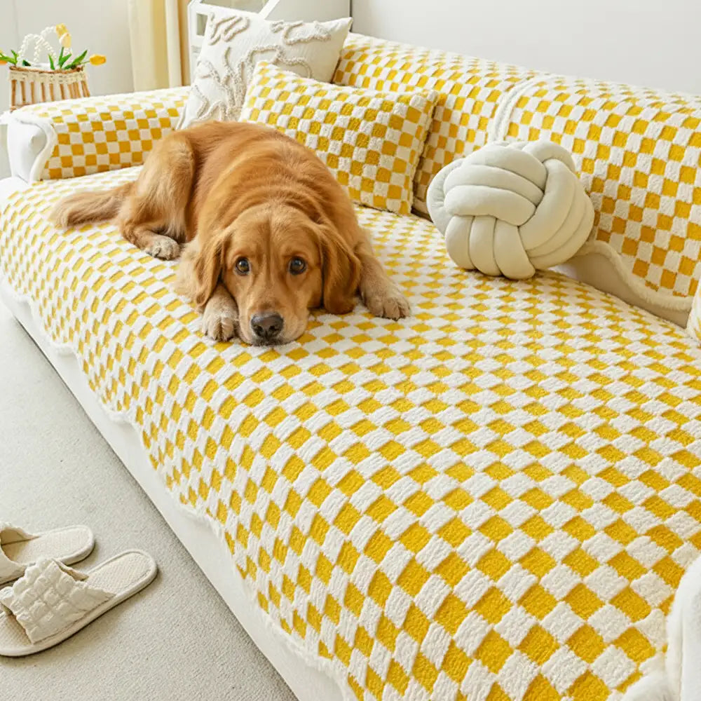 Classic Checkerboard Plush Couch Cover - Ultra-Soft, Scratch-Resistant & Non-Slip