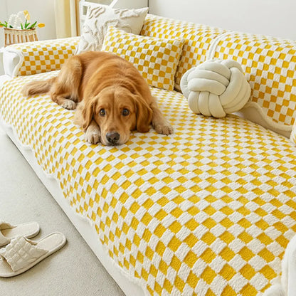 Classic Checkerboard Plush Couch Cover - Ultra-Soft, Scratch-Resistant & Non-Slip