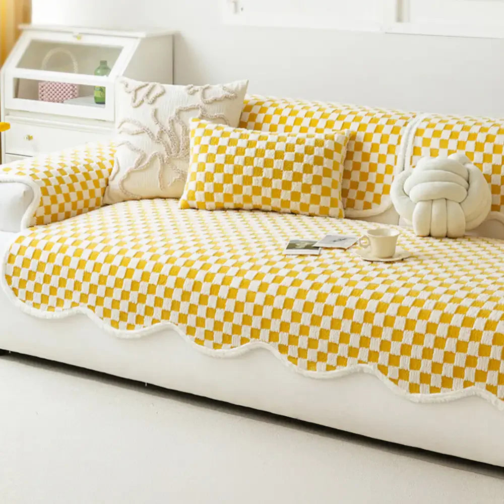 Classic Checkerboard Plush Couch Cover - Ultra-Soft, Scratch-Resistant & Non-Slip