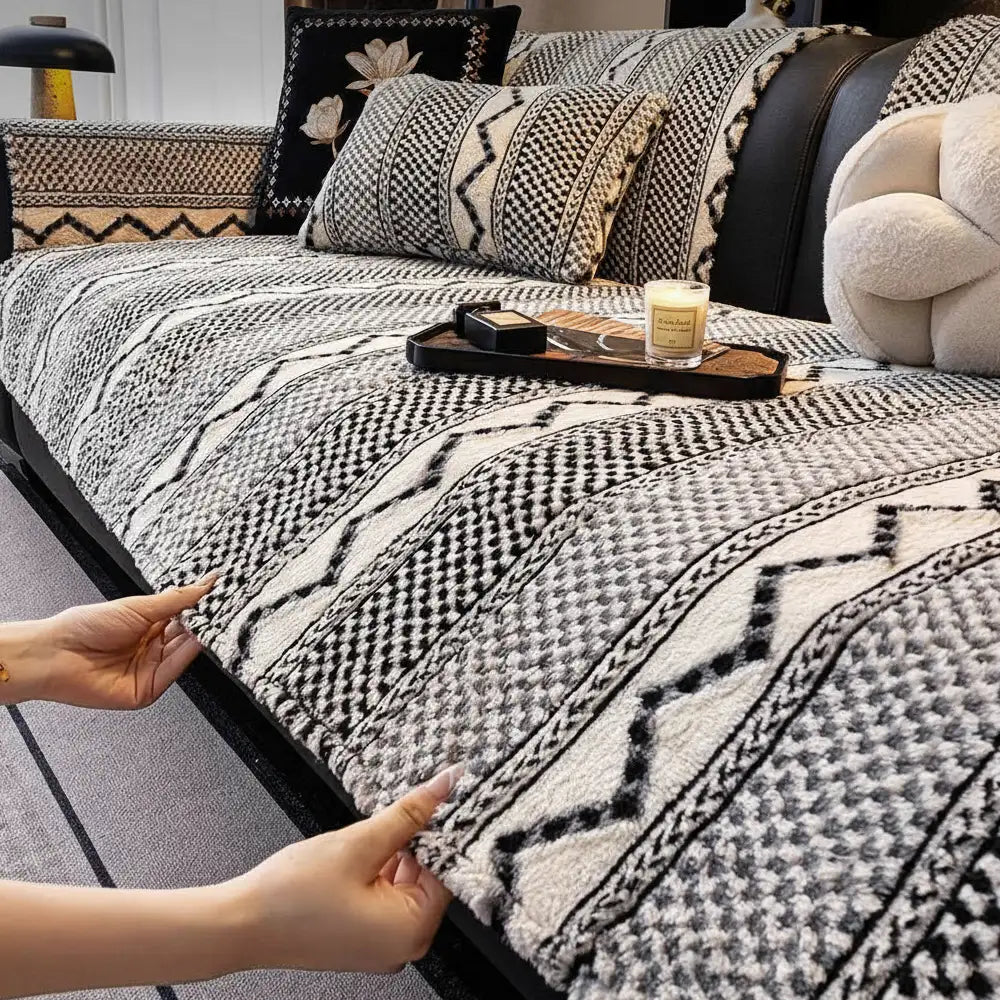 Classic Plaid Plush Couch Cover - Scratch-Resistant, Non-Slip & Ultra-Comfortable