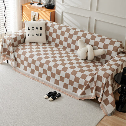 Color Block Checkerboard Fringe Trim Sofa Blanket & Couch Cover – Cozy & Protective