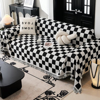 Color Block Checkerboard Fringe Trim Sofa Blanket & Couch Cover – Cozy & Protective