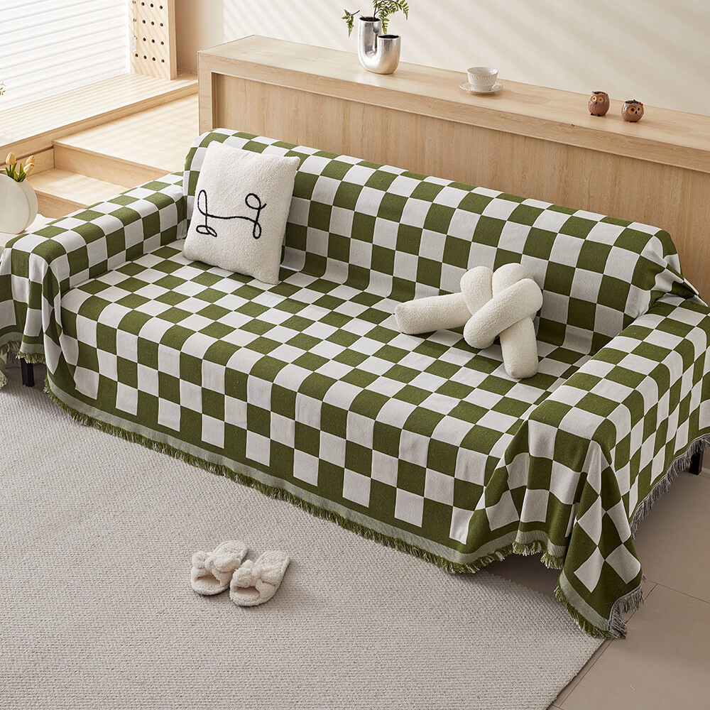 Color Block Checkerboard Fringe Trim Sofa Blanket & Couch Cover – Cozy & Protective